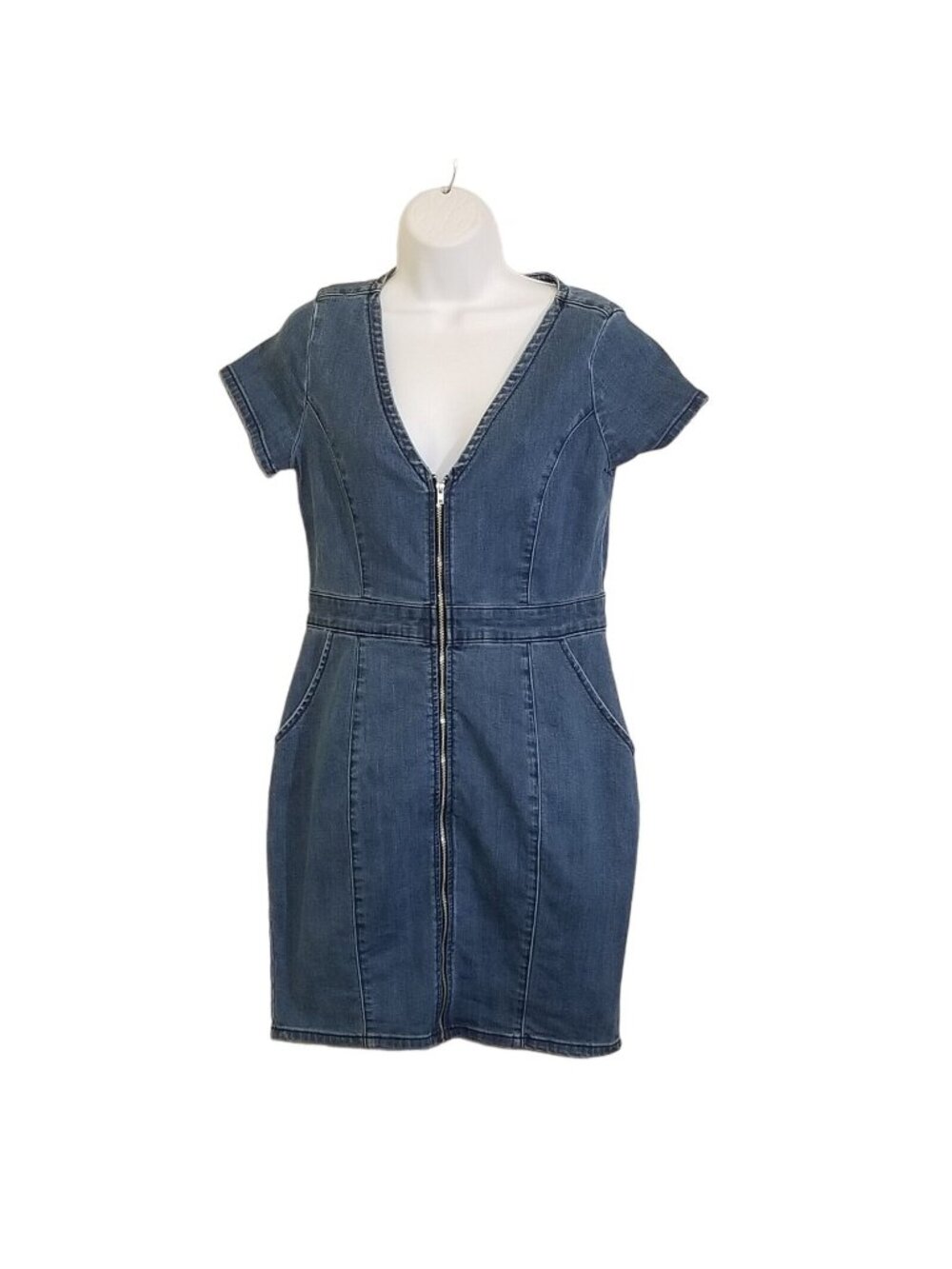 Guess Galilea Denim Mini Dress M Y2K Bodycon Front Zip Stretch Medium Wash Pocke